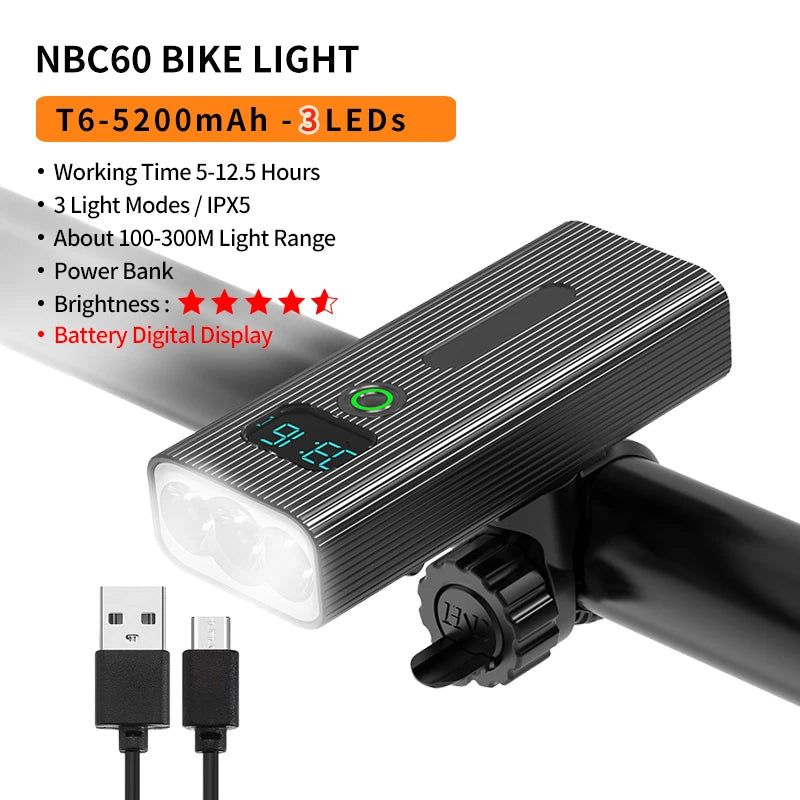 10000-1200mAh Bike Light USB Rechargeable Front Headlight 18650 Battery LED Flashlight for Bicycle Road MTB Lamps Bicycle Light