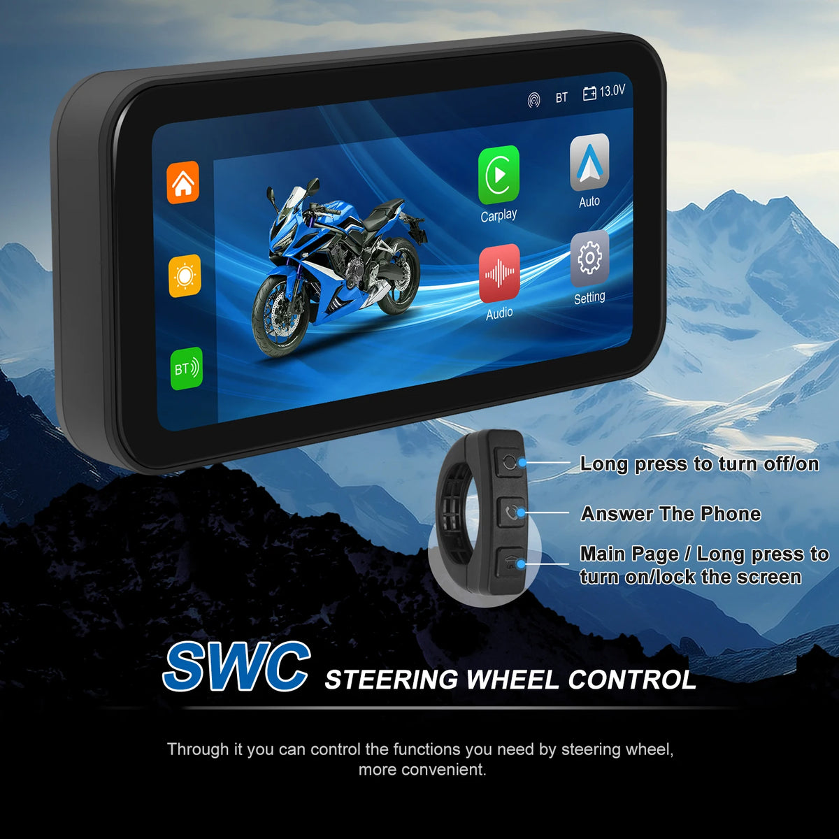 Podofo Motorcycle Navigation Carplay 6.25'' Smart Player Android Auto IP67 Waterproof Carplay Portable Motorcycle Motor Monitor