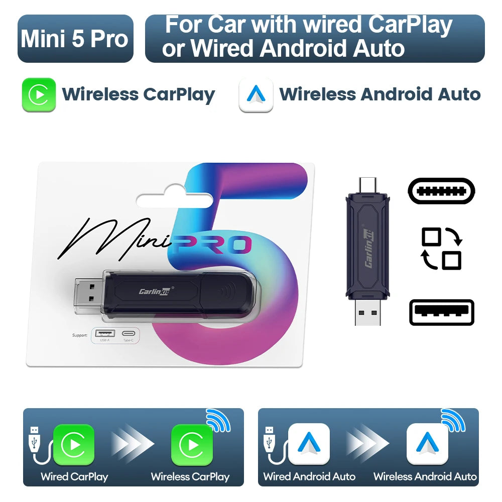 2026 CarlinKit 5 CarPlay Wireless Android Auto Wired to Wireless Adapter Plug&Play For iPhone Android Phone Wireless Connect Car