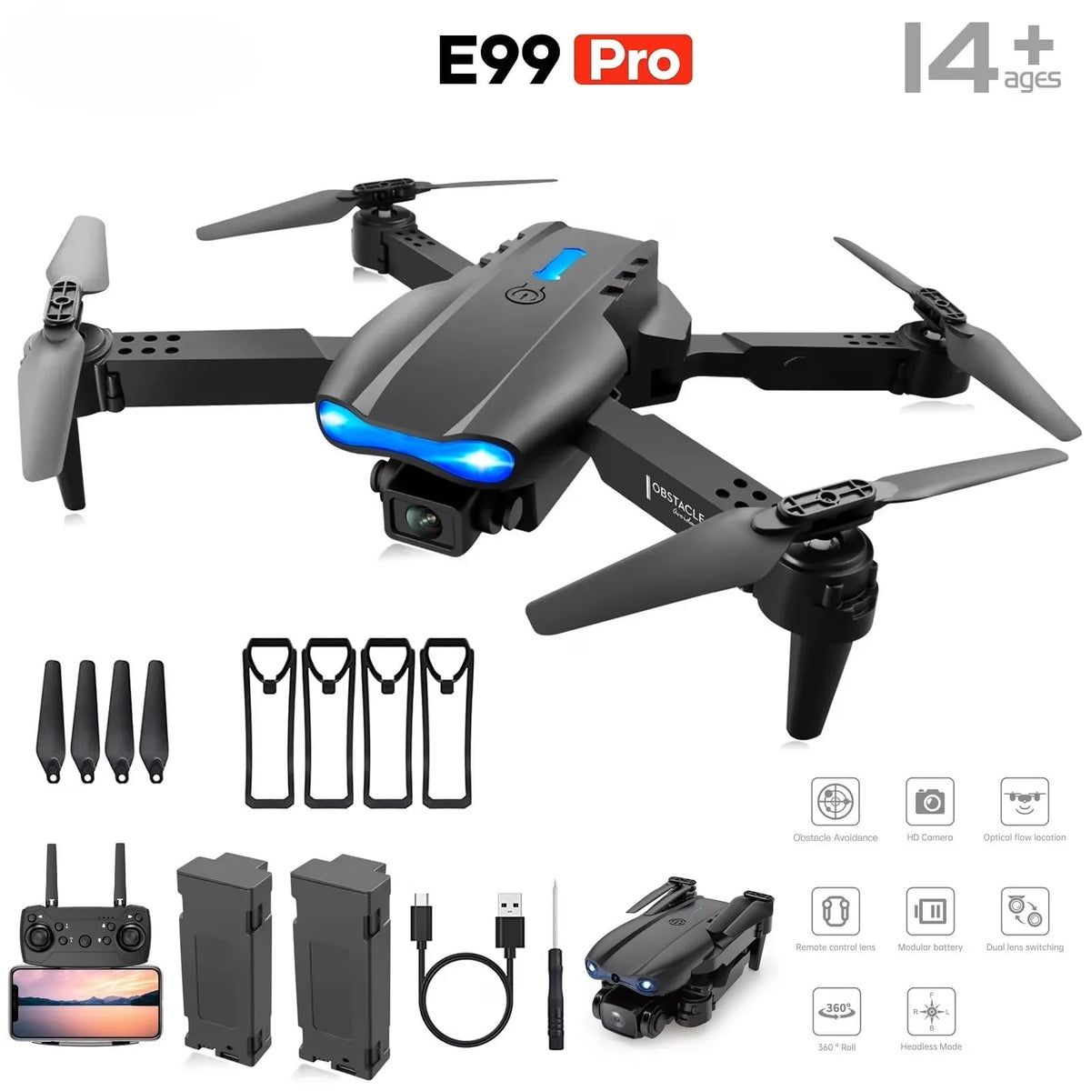 2026 New E88 PRO MAX Foldable Drone with Obstacle Avoidance, Dual HD Camera, Brushless Motor, HD Screen Remote, 40min Flight Time Extra Batteries, One Key Return Home, LED Lights, USB Charging, Quadcopter for Beginners Adults