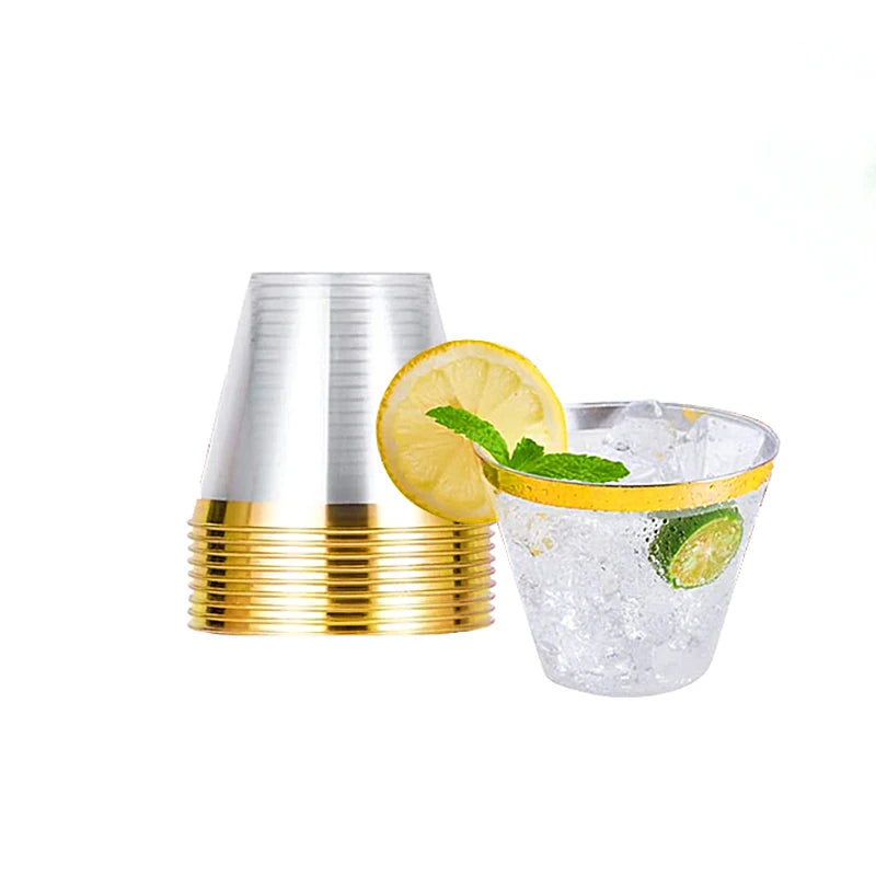 10/50/100pcs Gold Plastic Cups 9 Oz Clear Cups With Gold Rim Cocktail Glasses Drinking Cups Wedding Party Disposable Cups