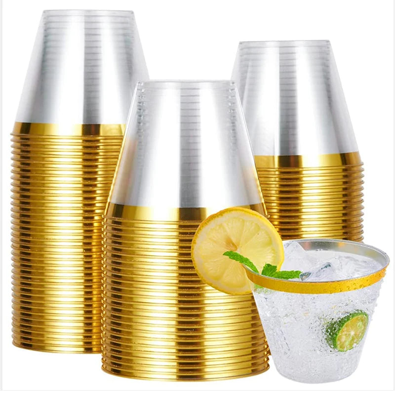 10/50/100pcs Gold Plastic Cups 9 Oz Clear Cups With Gold Rim Cocktail Glasses Drinking Cups Wedding Party Disposable Cups