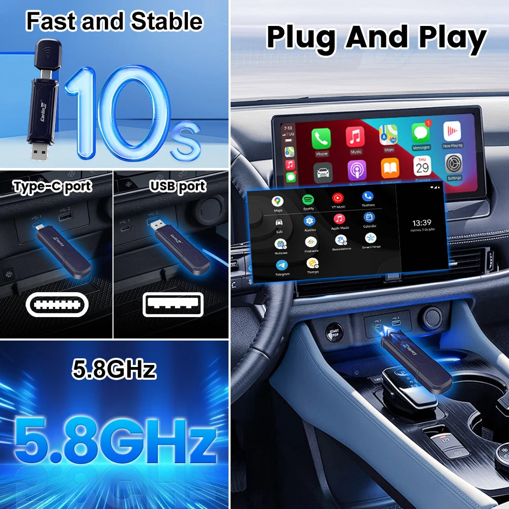 2026 CarlinKit 5 CarPlay Wireless Android Auto Wired to Wireless Adapter Plug&Play For iPhone Android Phone Wireless Connect Car