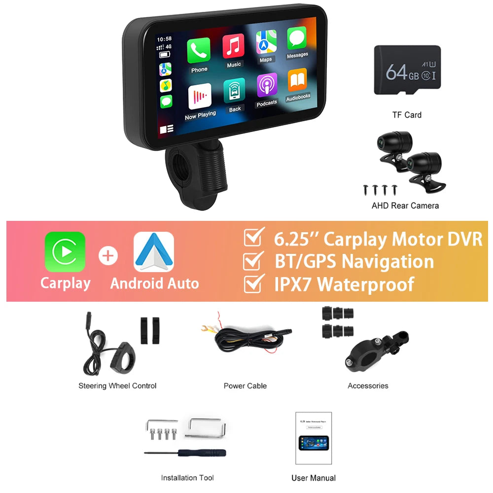 Podofo Motorcycle Navigation Carplay 6.25'' Smart Player Android Auto IP67 Waterproof Carplay Portable Motorcycle Motor Monitor