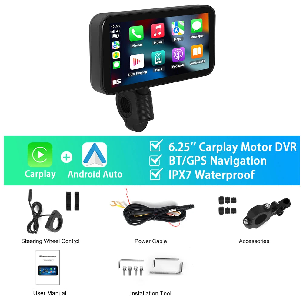 Podofo Motorcycle Navigation Carplay 6.25'' Smart Player Android Auto IP67 Waterproof Carplay Portable Motorcycle Motor Monitor