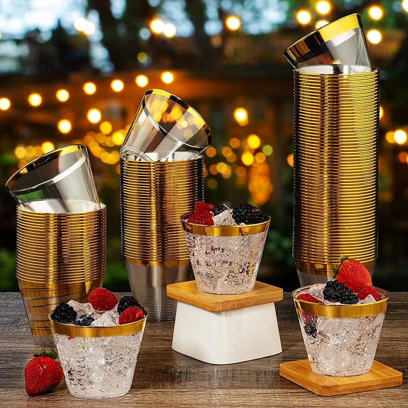 10/50/100pcs Gold Plastic Cups 9 Oz Clear Cups With Gold Rim Cocktail Glasses Drinking Cups Wedding Party Disposable Cups