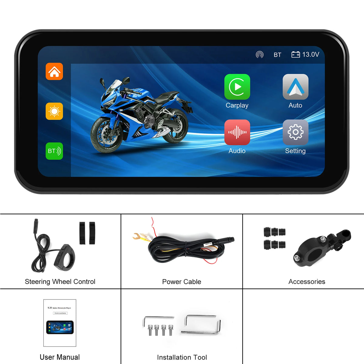 Podofo Motorcycle Navigation Carplay 6.25'' Smart Player Android Auto IP67 Waterproof Carplay Portable Motorcycle Motor Monitor