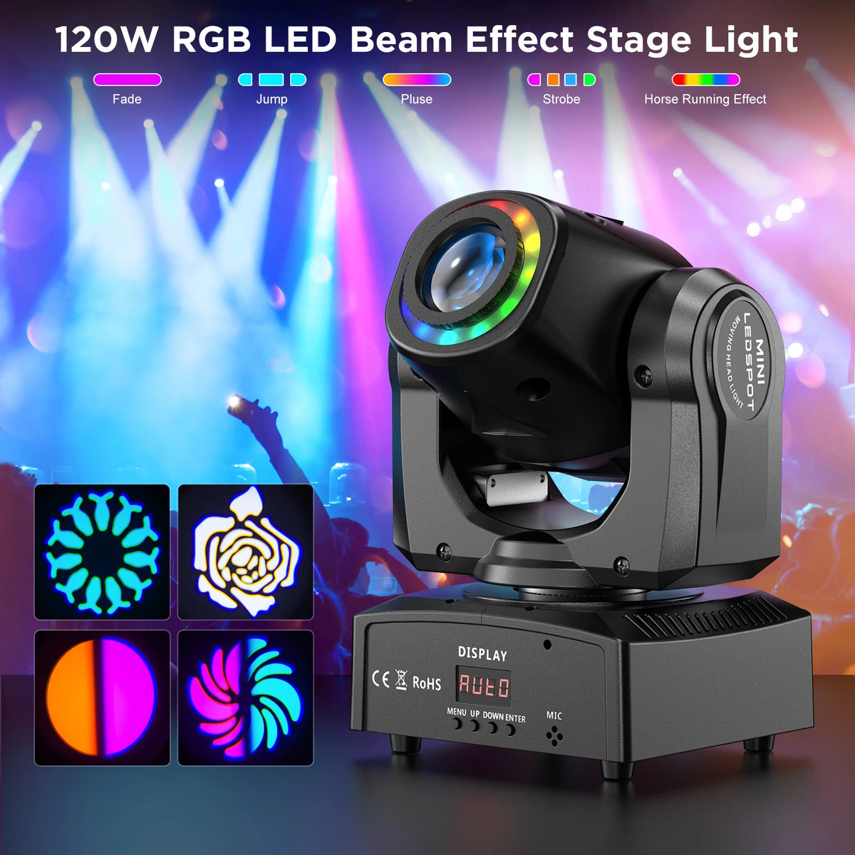 Fieryzeal 120W Beam Moving Head Light 8Patterns RGB Strobe Effect Lighting LED Spot Stage Light for DJ Disco Show Concert Party