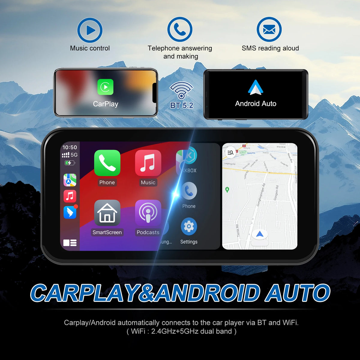 Podofo Motorcycle Navigation Carplay 6.25'' Smart Player Android Auto IP67 Waterproof Carplay Portable Motorcycle Motor Monitor