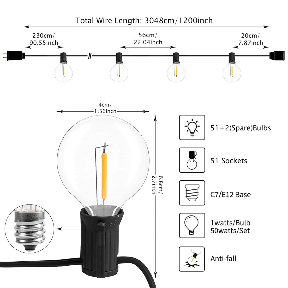 Aiopp 30M/15M G40 LED Globe String Lights Outdoor with US Plug, Bright Plastic Shatterproof Bulbs For Party Garden Garland Lamp
