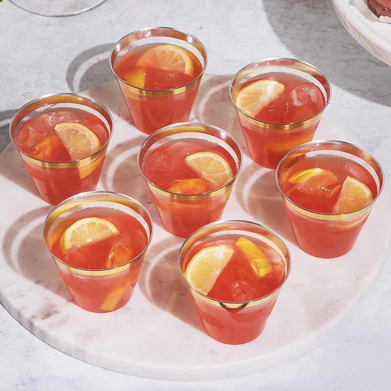 10/50/100pcs Gold Plastic Cups 9 Oz Clear Cups With Gold Rim Cocktail Glasses Drinking Cups Wedding Party Disposable Cups