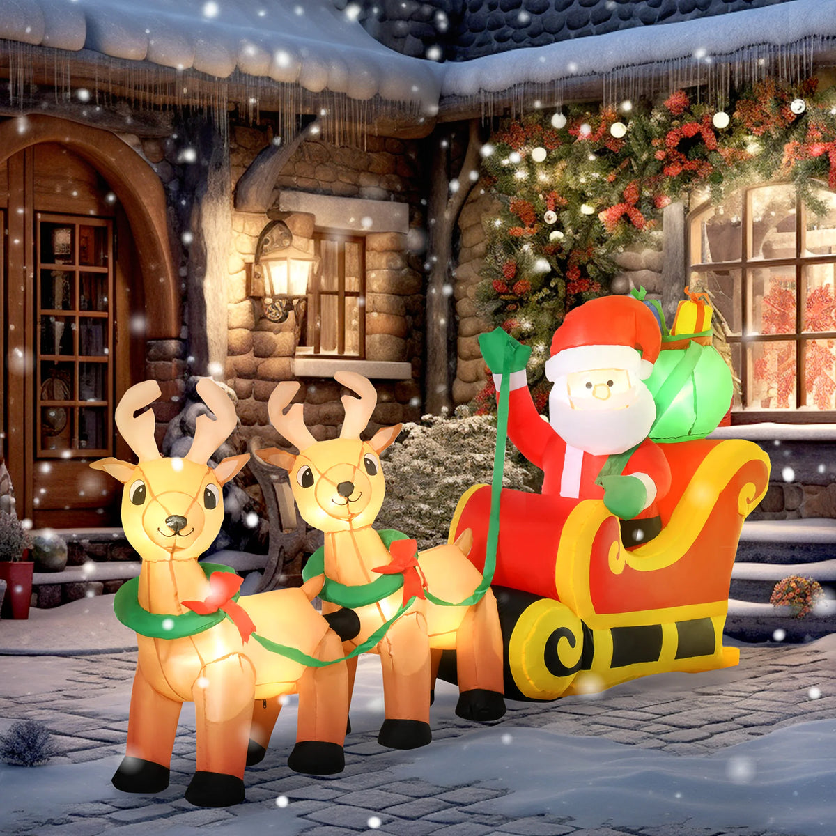 8' Inflatable Christmas Santa Claus Sleigh, Blow-Up Outdoor Display w/ LEDs