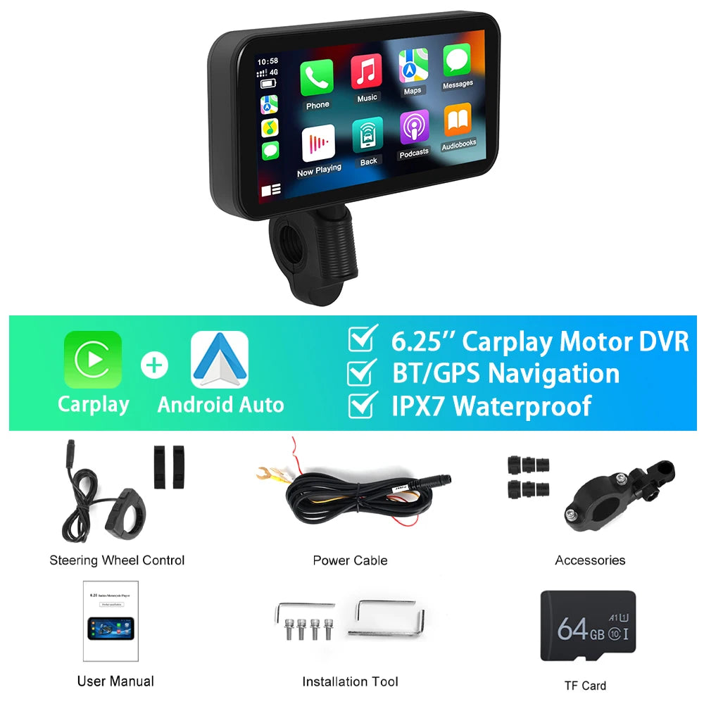 Podofo Motorcycle Navigation Carplay 6.25'' Smart Player Android Auto IP67 Waterproof Carplay Portable Motorcycle Motor Monitor