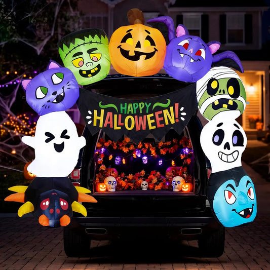 6FT Halloween Inflatable Archway Trunk or Treat Car Decoration with Multi-Characters Inflatable Halloween Trunk or Treat Car Decoration with LEDs for Car Trunk Yard Lawn Party Outdoor Decor