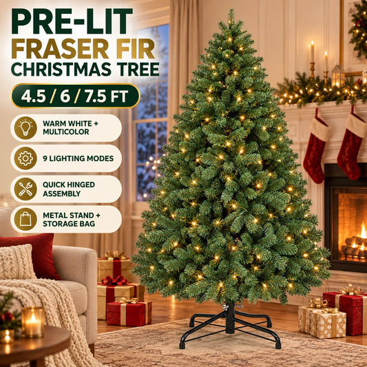 Pre Lit Artificial Christmas Tree 4.5/6/7.5FT with Warm White and Multicolor LED Lights Fraser Fir Style Hinged Branches Foot Pedal Metal Stand Storage Bag Multiple Heights for Indoor Holiday Decor