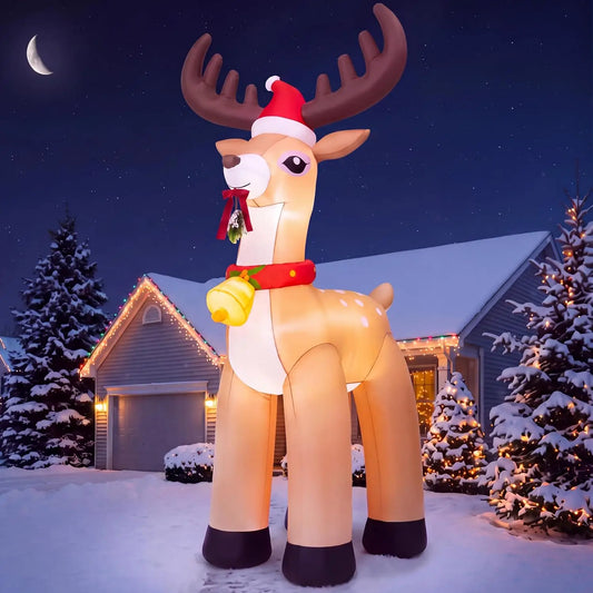 10FT Giant Christmas Inflatable Reindeer Outdoor Decoration Christmas Blow Up Yard Decoration with Santa Hat Jingle Bell & Built‑in LED Lights for Xmas Lawn Garden Holiday Party Decor