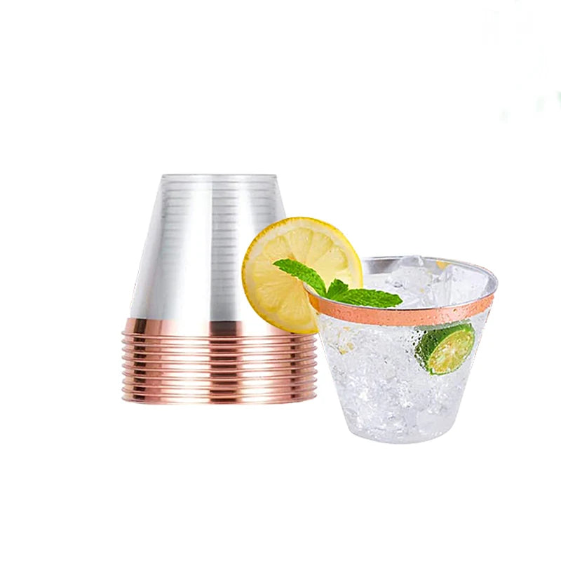10/50/100pcs Gold Plastic Cups 9 Oz Clear Cups With Gold Rim Cocktail Glasses Drinking Cups Wedding Party Disposable Cups