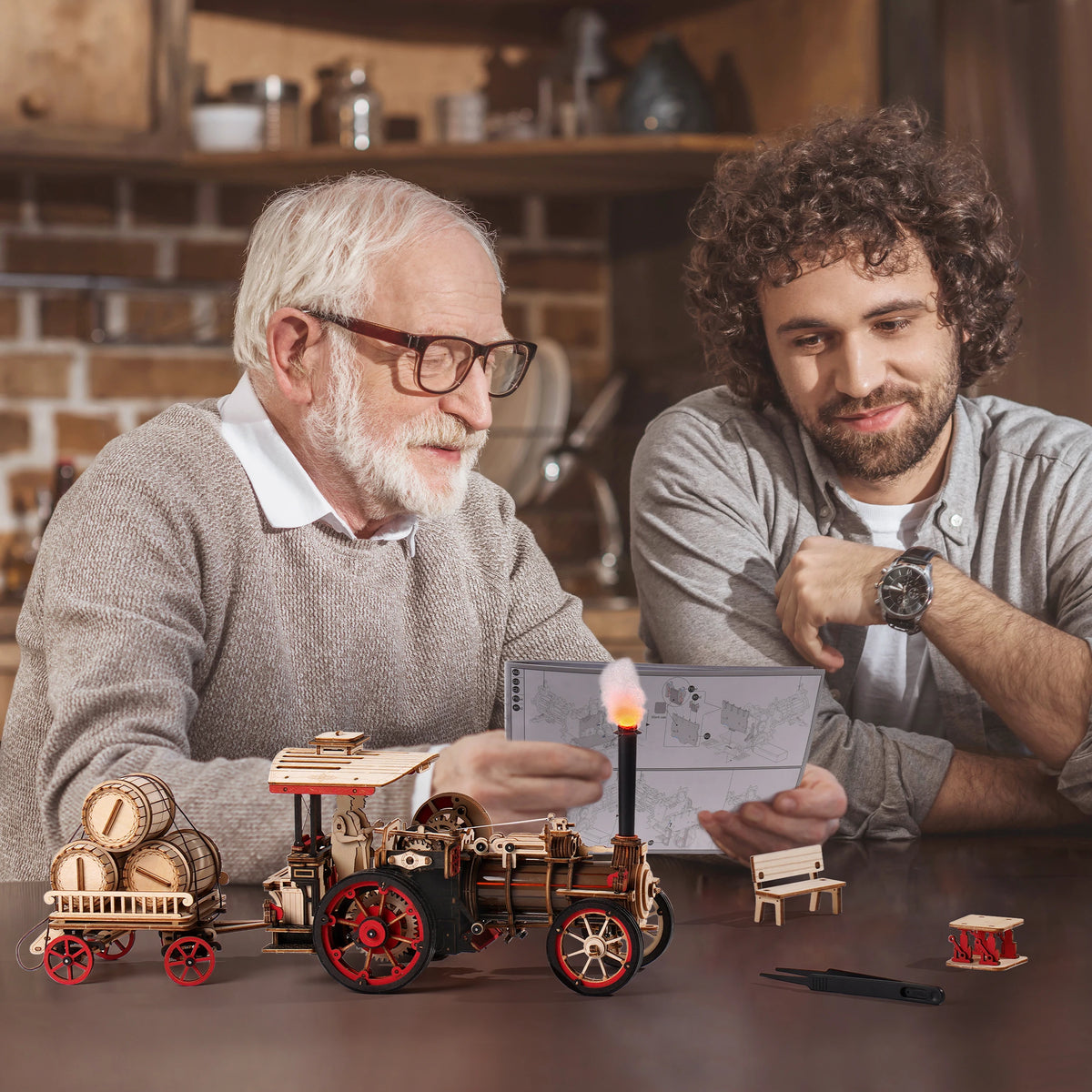 ROKR Wooden 3D Puzzle Steam Engine Mechanical Model Building Kit Brain Teasers DIY Jigsaw Craft Kit for Home Decor Holiday Gift for Adults Teens