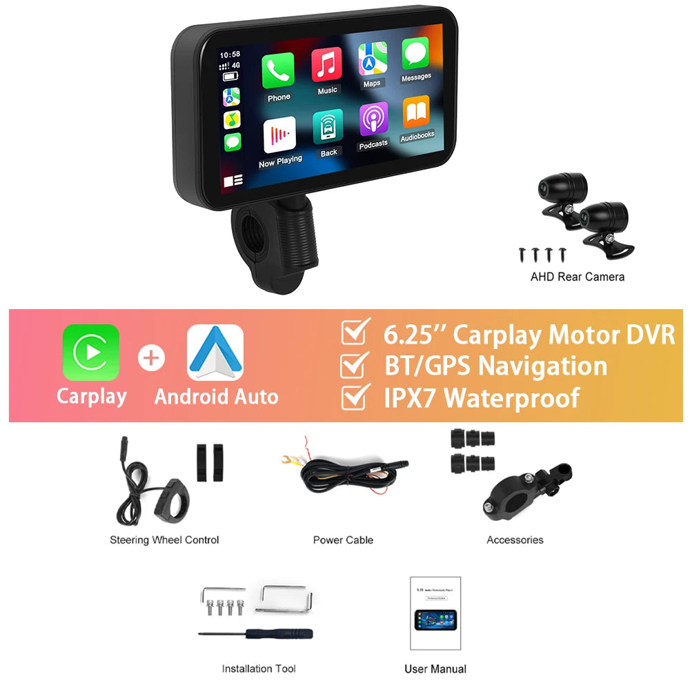 Podofo Motorcycle Navigation Carplay 6.25'' Smart Player Android Auto IP67 Waterproof Carplay Portable Motorcycle Motor Monitor