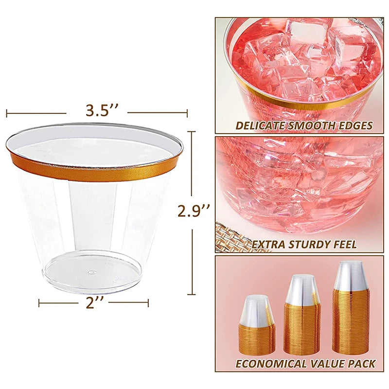 10/50/100pcs Gold Plastic Cups 9 Oz Clear Cups With Gold Rim Cocktail Glasses Drinking Cups Wedding Party Disposable Cups